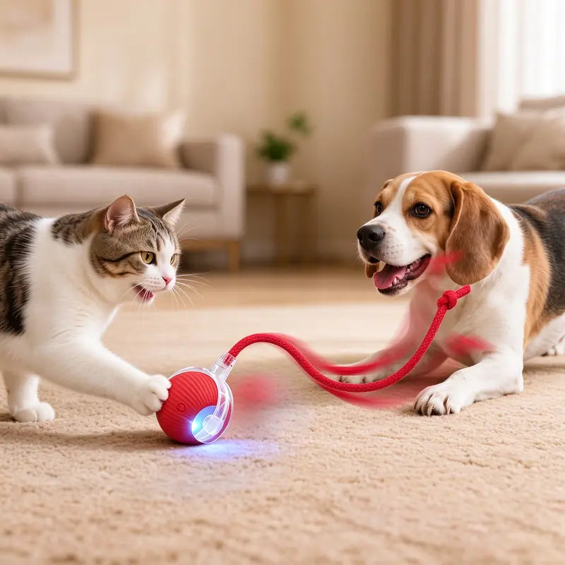 Interactive Usb-Rechargeable Smart Rolling String Cat Toy Ball - Light-Up, Quiet Adjustable Mode, Bite-Wear Resistant, Shatterproof, Non-Toxic, Replaceable Wavy-Texture Shell, 8-Color Indoor Kitten Hunting Toy with Automatic Bird Sound Movement