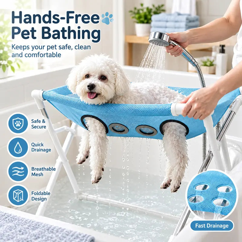1-Count Stainless Steel Left-Right Foldable Pet Bathing Stand with Breathable Mesh Support Rack for Small Dog Shower & Grooming, Left/Right Fold