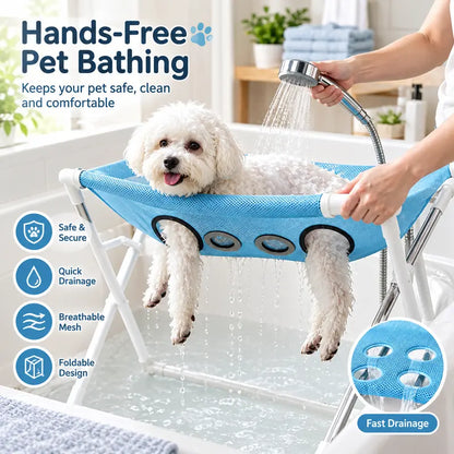 1-Count Stainless Steel Left-Right Foldable Pet Bathing Stand with Breathable Mesh Support Rack for Small Dog Shower & Grooming, Left/Right Fold