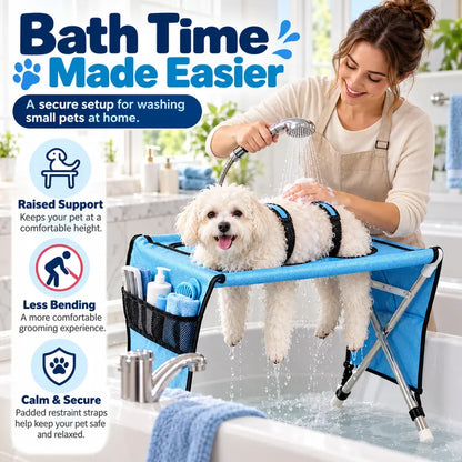 Portable Folding Pet Grooming Table with Safety Restraint Straps & Side Storage Pocket, Raised Dog Bathing Station for Small Dogs and Cats, Foldable Pet Grooming Stand for Home Bath & Brushing