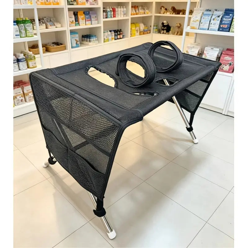 Fold-Flat Fabric Pet Grooming Sling Hammock with Stainless Steel Stand, Restraint Harness for Dog & Cat Nail Clipping, Bathing