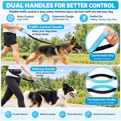 Hands Free Dog Leash with Waist Bag, Reflective Bungee Dog Leash with Dual Handles for Running, Walking & Hiking, Shock Absorbing Dog Lead