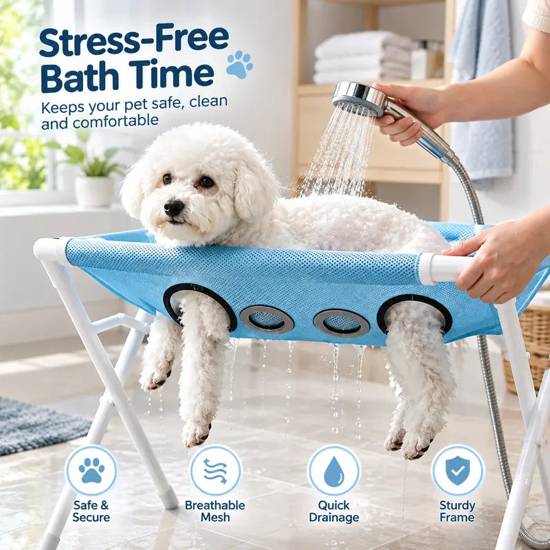 1-Count Stainless Steel Left-Right Foldable Pet Bathing Stand with Breathable Mesh Support Rack for Small Dog Shower & Grooming, Left/Right Fold