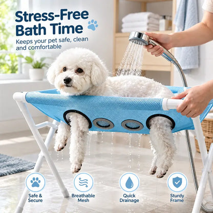 1-Count Stainless Steel Left-Right Foldable Pet Bathing Stand with Breathable Mesh Support Rack for Small Dog Shower & Grooming, Left/Right Fold