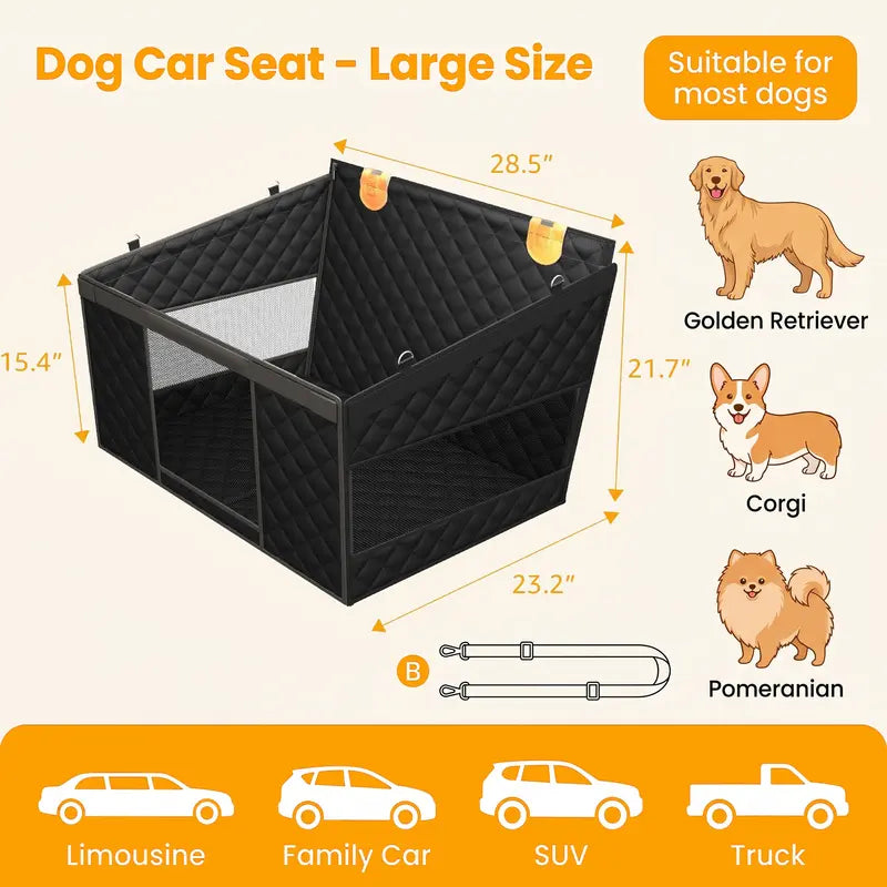 Large Dog Car Seat with 3 Mesh Windows - Waterproof, Stable, Ventilated, Quilted Pet Back Seat Extender with Hard Bottom, Practical Protection Cover for Cars, Trucks