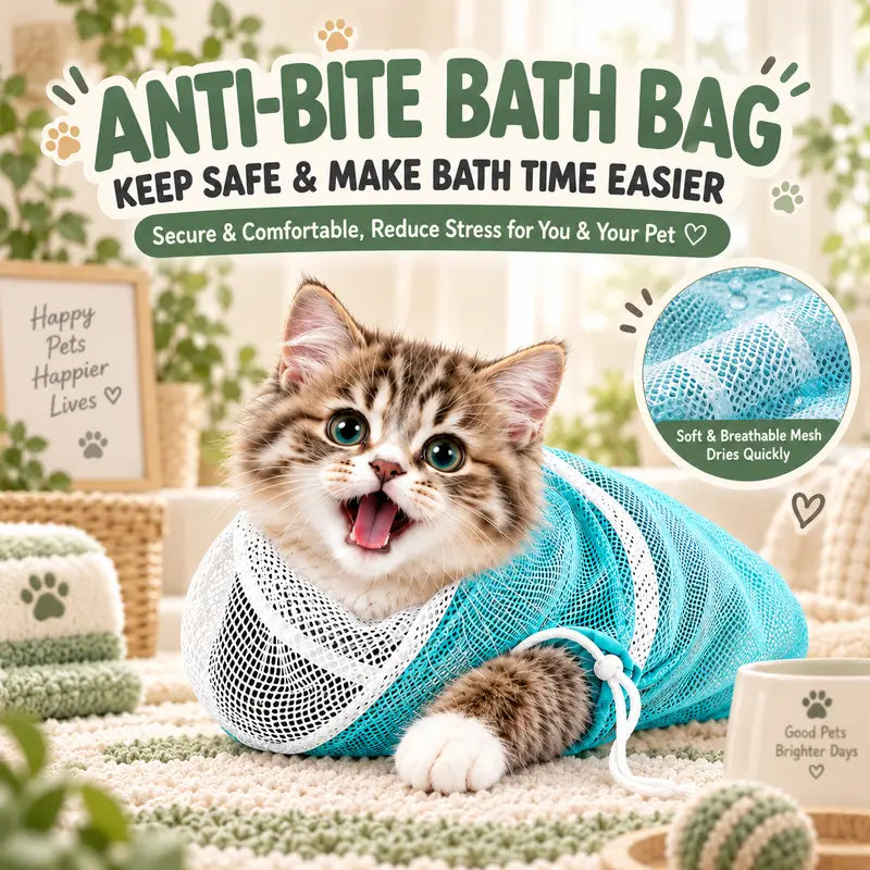 Cat 5-Piece Bath & Trim Grooming Kit - Deshedding Brush, Nail Clipper, Silicone Parts, Massage Shampoo Brush, Anti-Bite Bath Bag, Universal Fit Fur Control Pet Care Set