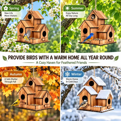 Large Wooden Birdhouse with 3 Nesting Chambers, Outdoor Hanging Bird House and Feeding Platform, Natural Wood Shelter for Small Wild Birds, Decorative Bird Home for Garden Backyard