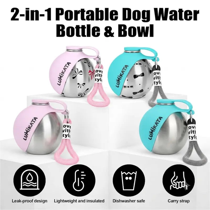 Lumikata 2-In-1 Portable Dog Water Bottle - 10Oz Stainless Steel, Silicone Foldable Bowl Mode, Leak-Proof Water Ball, Small Dog Walking & Pet Feeding Supplies