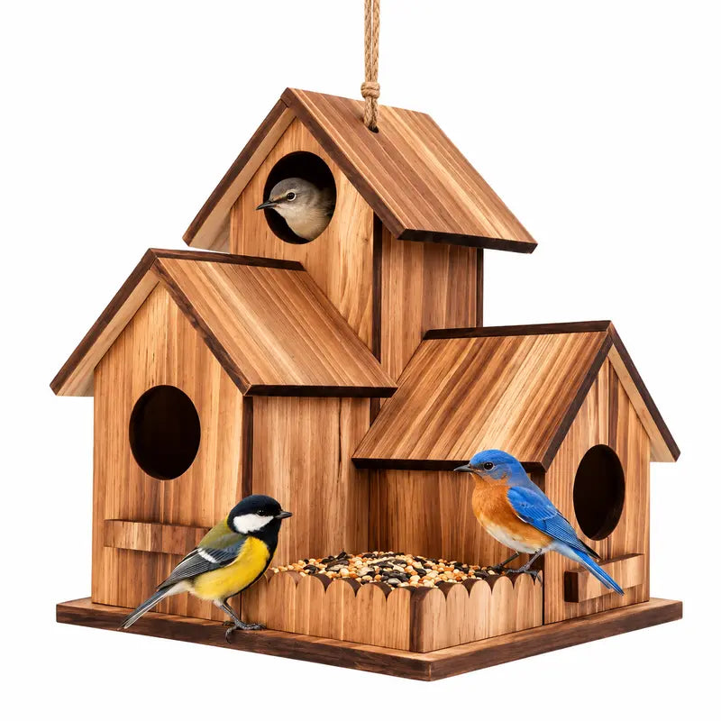 Large Wooden Birdhouse with 3 Nesting Chambers, Outdoor Hanging Bird House and Feeding Platform, Natural Wood Shelter for Small Wild Birds, Decorative Bird Home for Garden Backyard