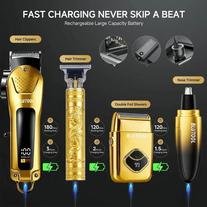 Men's 4-Piece Gold and Black Grooming Set - USB Rechargeable Clipper, Trimmer, Shaver, Comb, Storage Case, and Cleaning Brush - Perfect Christmas Gift for Him