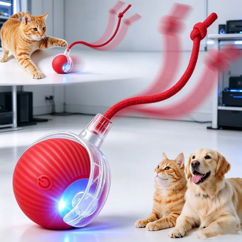 Interactive Usb-Rechargeable Smart Rolling String Cat Toy Ball - Light-Up, Quiet Adjustable Mode, Bite-Wear Resistant, Shatterproof, Non-Toxic, Replaceable Wavy-Texture Shell, 8-Color Indoor Kitten Hunting Toy with Automatic Bird Sound Movement