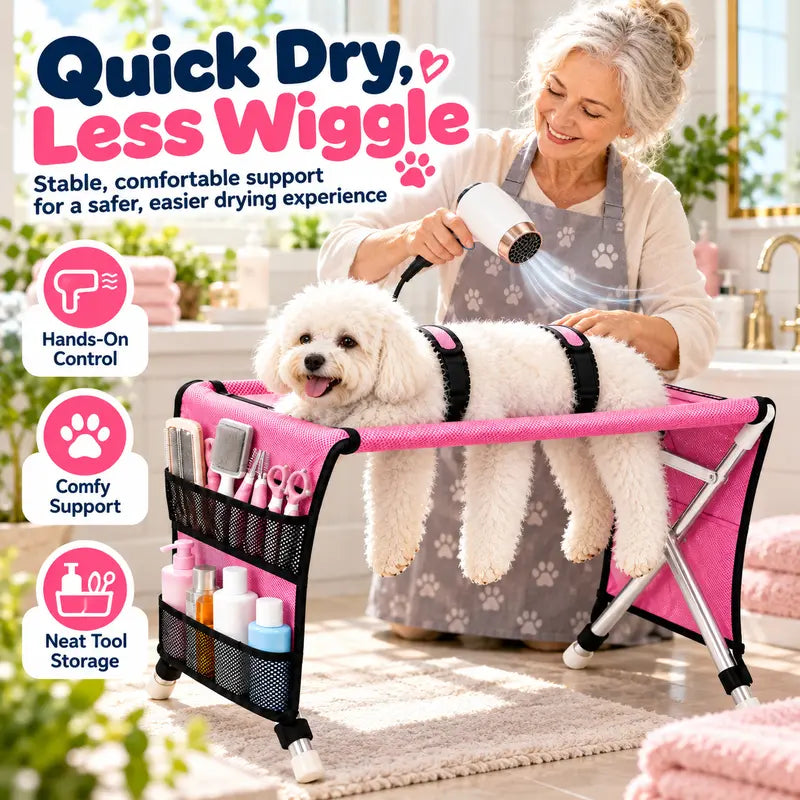 Portable Folding Pet Grooming Table with Safety Restraint Straps & Side Storage Pocket, Raised Dog Bathing Station for Small Dogs and Cats, Foldable Pet Grooming Stand for Home Bath & Brushing