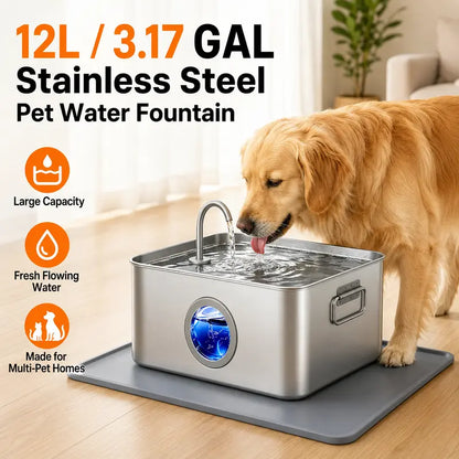 Sohochic 12L 304 SS Automatic Pet Water Fountain for Dogs & Cats, Large-Capacity Dispenser with LED Gauge, Quiet Pump, Multi-Pet Drinking Tray, Filter Set, with Filter Set