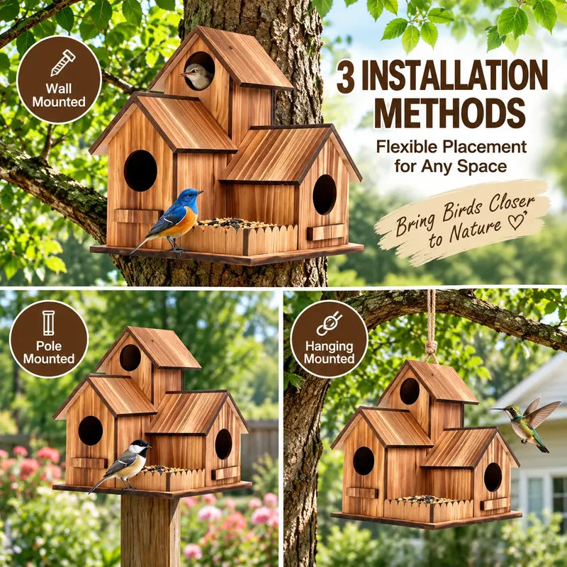 Large Wooden Birdhouse with 3 Nesting Chambers, Outdoor Hanging Bird House and Feeding Platform, Natural Wood Shelter for Small Wild Birds, Decorative Bird Home for Garden Backyard