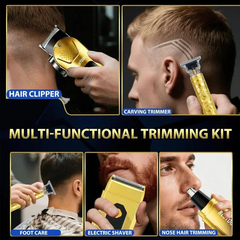 Men's 4-Piece Gold and Black Grooming Set - USB Rechargeable Clipper, Trimmer, Shaver, Comb, Storage Case, and Cleaning Brush - Perfect Christmas Gift for Him
