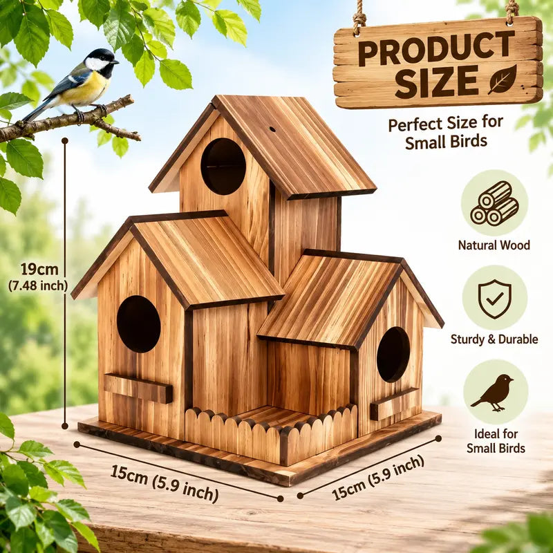 Large Wooden Birdhouse with 3 Nesting Chambers, Outdoor Hanging Bird House and Feeding Platform, Natural Wood Shelter for Small Wild Birds, Decorative Bird Home for Garden Backyard