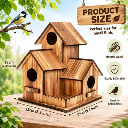 Large Wooden Birdhouse with 3 Nesting Chambers, Outdoor Hanging Bird House and Feeding Platform, Natural Wood Shelter for Small Wild Birds, Decorative Bird Home for Garden Backyard
