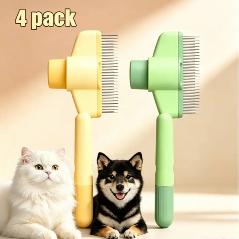 Dog & Cat 2-Pack Deshedding Brush Set - 1-Click Self-Cleaning Grooming Tool, Stainless Steel Comb, Ergo Grip, Fur Detangler, Universal Fur Remover, Loose Hair Collector