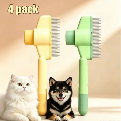 Dog & Cat 2-Pack Deshedding Brush Set - 1-Click Self-Cleaning Grooming Tool, Stainless Steel Comb, Ergo Grip, Fur Detangler, Universal Fur Remover, Loose Hair Collector