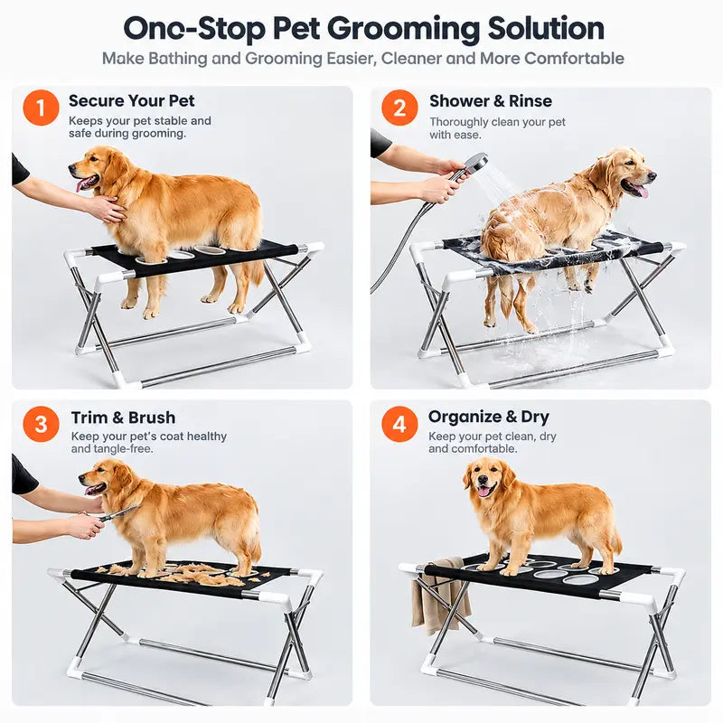 1-Count Stainless Steel Left-Right Foldable Pet Bathing Stand with Breathable Mesh Support Rack for Small Dog Shower & Grooming, Left/Right Fold