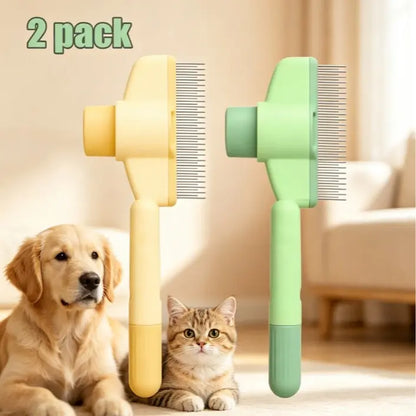 Dog & Cat 2-Pack Deshedding Brush Set - 1-Click Self-Cleaning Grooming Tool, Stainless Steel Comb, Ergo Grip, Fur Detangler, Universal Fur Remover, Loose Hair Collector