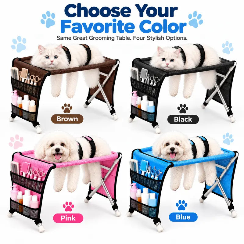 Portable Folding Pet Grooming Table with Safety Restraint Straps & Side Storage Pocket, Raised Dog Bathing Station for Small Dogs and Cats, Foldable Pet Grooming Stand for Home Bath & Brushing