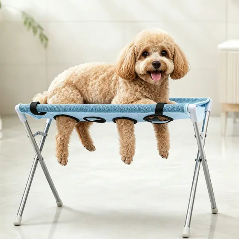 Fold-Flat Fabric Pet Grooming Sling Hammock with Stainless Steel Stand, Restraint Harness for Dog & Cat Nail Clipping, Bathing
