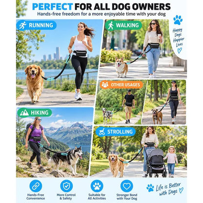 Hands Free Dog Leash with Waist Bag, Reflective Bungee Dog Leash with Dual Handles for Running, Walking & Hiking, Shock Absorbing Dog Lead