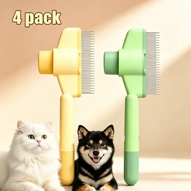 Dog & Cat 2-Pack Deshedding Brush Set - 1-Click Self-Cleaning Grooming Tool, Stainless Steel Comb, Ergo Grip, Fur Detangler, Universal Fur Remover, Loose Hair Collector