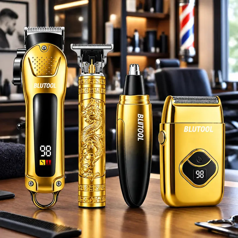 Men's 4-Piece Gold and Black Grooming Set - USB Rechargeable Clipper, Trimmer, Shaver, Comb, Storage Case, and Cleaning Brush - Perfect Christmas Gift for Him