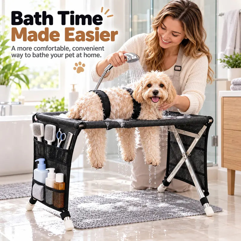 Portable Folding Pet Grooming Table with Safety Restraint Straps & Side Storage Pocket, Raised Dog Bathing Station for Small Dogs and Cats, Foldable Pet Grooming Stand for Home Bath & Brushing