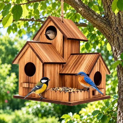 Large Wooden Birdhouse with 3 Nesting Chambers, Outdoor Hanging Bird House and Feeding Platform, Natural Wood Shelter for Small Wild Birds, Decorative Bird Home for Garden Backyard