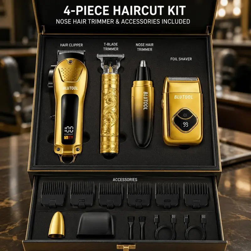 Men's 4-Piece Gold and Black Grooming Set - USB Rechargeable Clipper, Trimmer, Shaver, Comb, Storage Case, and Cleaning Brush - Perfect Christmas Gift for Him