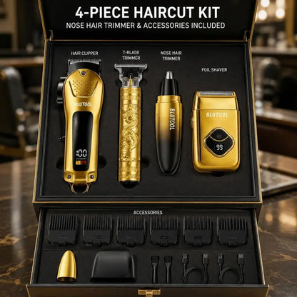 Men's 4-Piece Gold and Black Grooming Set - USB Rechargeable Clipper, Trimmer, Shaver, Comb, Storage Case, and Cleaning Brush - Perfect Christmas Gift for Him