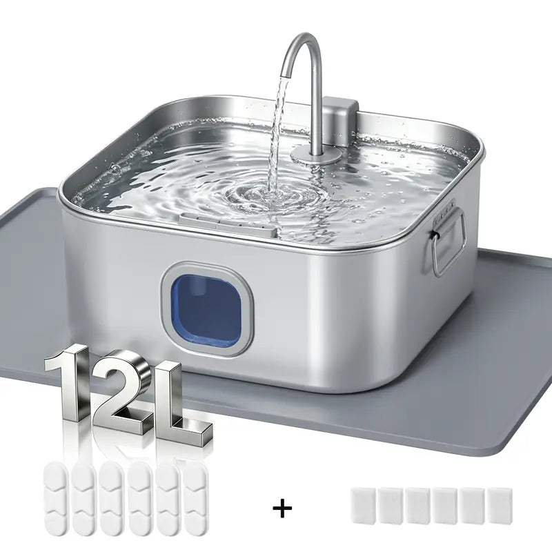 Sohochic 12L 304 SS Automatic Pet Water Fountain for Dogs & Cats, Large-Capacity Dispenser with LED Gauge, Quiet Pump, Multi-Pet Drinking Tray, Filter Set, with Filter Set