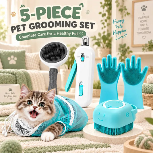 Cat 5-Piece Bath & Trim Grooming Kit - Deshedding Brush, Nail Clipper, Silicone Parts, Massage Shampoo Brush, Anti-Bite Bath Bag, Universal Fit Fur Control Pet Care Set