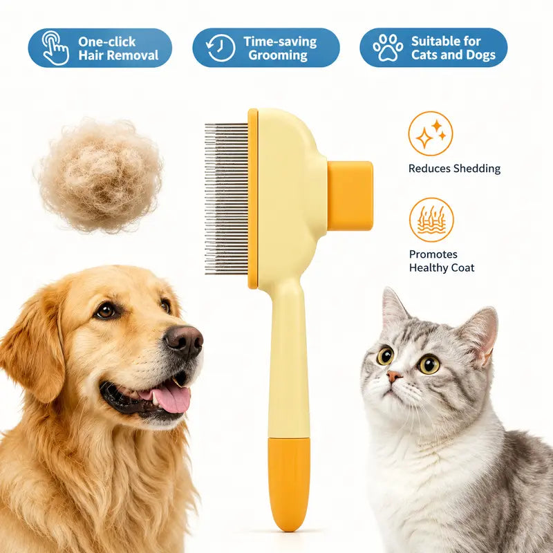 Dog & Cat 2-Pack Deshedding Brush Set - 1-Click Self-Cleaning Grooming Tool, Stainless Steel Comb, Ergo Grip, Fur Detangler, Universal Fur Remover, Loose Hair Collector