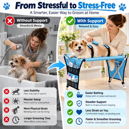 Portable Folding Pet Grooming Table with Safety Restraint Straps & Side Storage Pocket, Raised Dog Bathing Station for Small Dogs and Cats, Foldable Pet Grooming Stand for Home Bath & Brushing