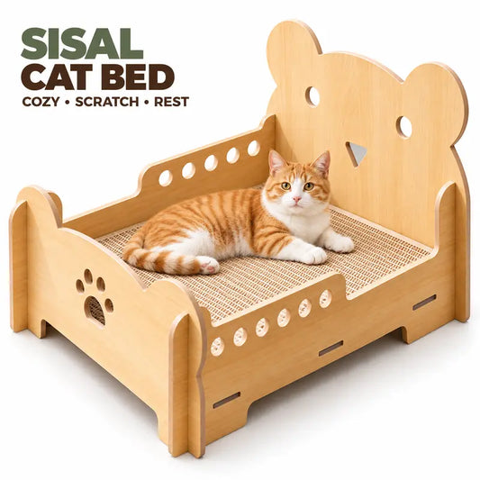 Sisal Cat Bed for Indoor Cats, Sturdy Wooden Cat Sofa Bed with Built-In Natural Sisal Scratching Surface, Cozy Pet Furniture