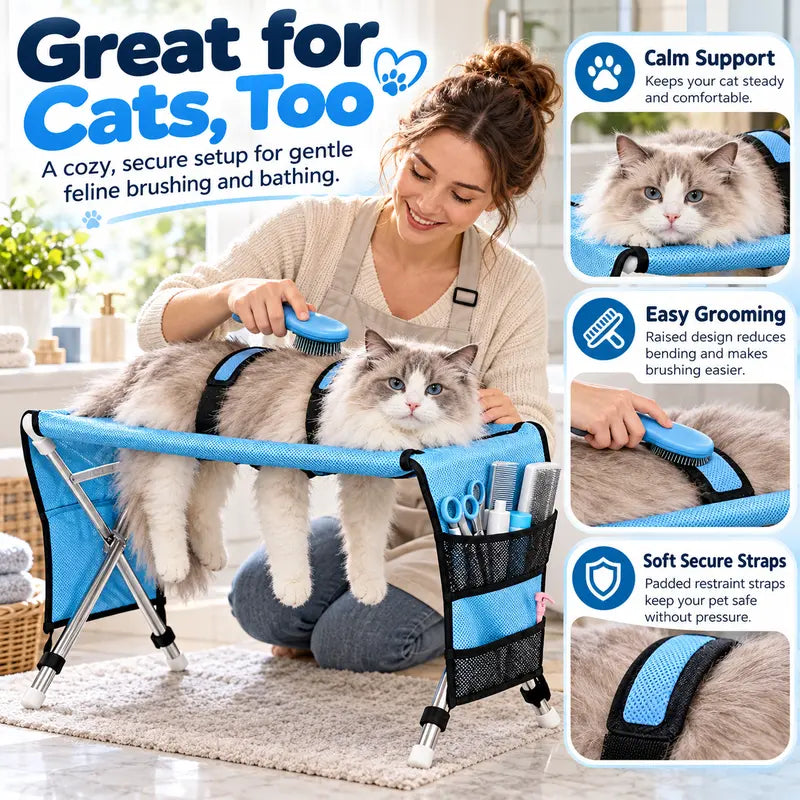 Portable Folding Pet Grooming Table with Safety Restraint Straps & Side Storage Pocket, Raised Dog Bathing Station for Small Dogs and Cats, Foldable Pet Grooming Stand for Home Bath & Brushing