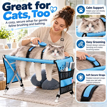 Portable Folding Pet Grooming Table with Safety Restraint Straps & Side Storage Pocket, Raised Dog Bathing Station for Small Dogs and Cats, Foldable Pet Grooming Stand for Home Bath & Brushing