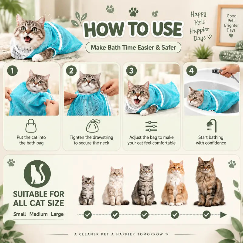 Cat 5-Piece Bath & Trim Grooming Kit - Deshedding Brush, Nail Clipper, Silicone Parts, Massage Shampoo Brush, Anti-Bite Bath Bag, Universal Fit Fur Control Pet Care Set