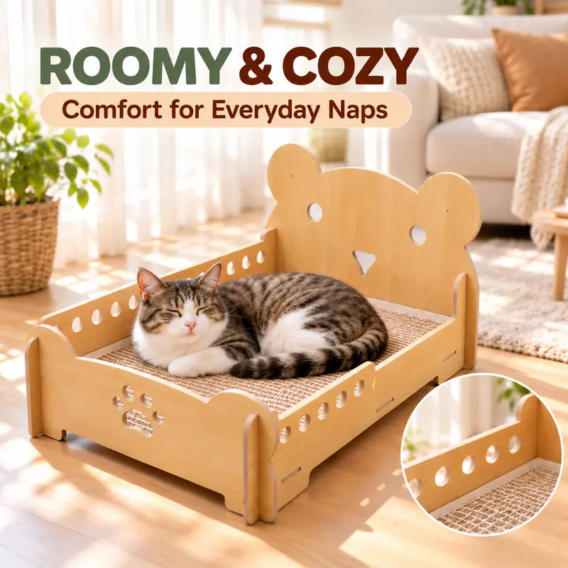 Sisal Cat Bed for Indoor Cats, Sturdy Wooden Cat Sofa Bed with Built-In Natural Sisal Scratching Surface, Cozy Pet Furniture