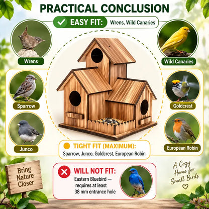 Large Wooden Birdhouse with 3 Nesting Chambers, Outdoor Hanging Bird House and Feeding Platform, Natural Wood Shelter for Small Wild Birds, Decorative Bird Home for Garden Backyard