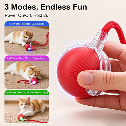 Interactive Usb-Rechargeable Smart Rolling String Cat Toy Ball - Light-Up, Quiet Adjustable Mode, Bite-Wear Resistant, Shatterproof, Non-Toxic, Replaceable Wavy-Texture Shell, 8-Color Indoor Kitten Hunting Toy with Automatic Bird Sound Movement
