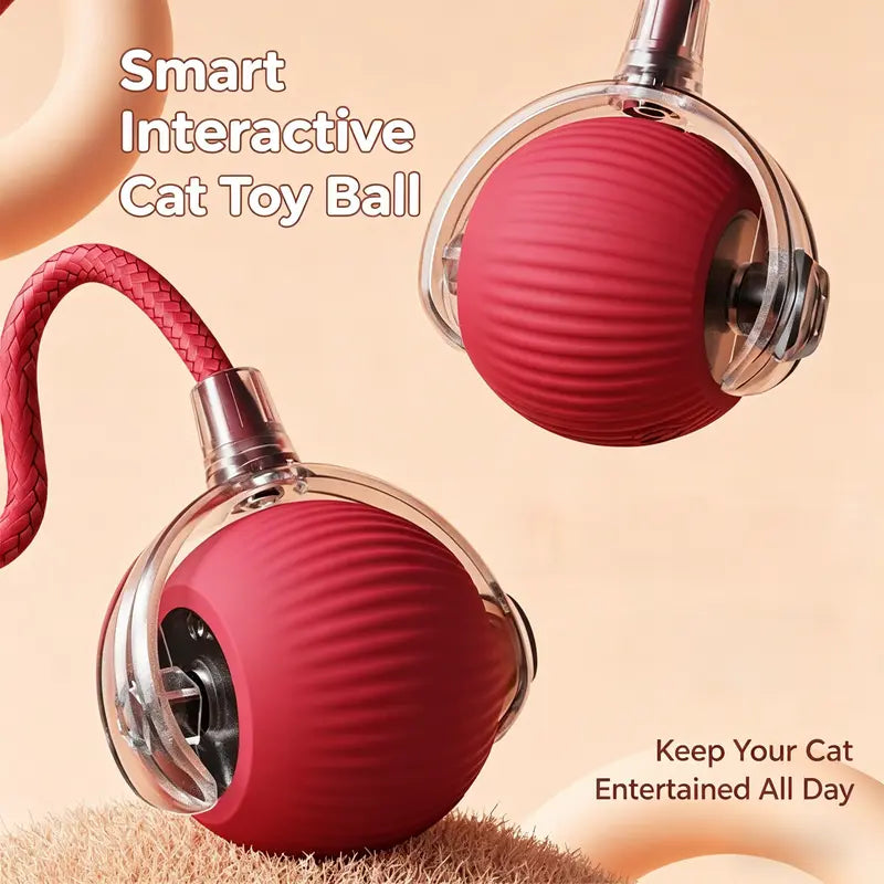 Interactive Usb-Rechargeable Smart Rolling String Cat Toy Ball - Light-Up, Quiet Adjustable Mode, Bite-Wear Resistant, Shatterproof, Non-Toxic, Replaceable Wavy-Texture Shell, 8-Color Indoor Kitten Hunting Toy with Automatic Bird Sound Movement