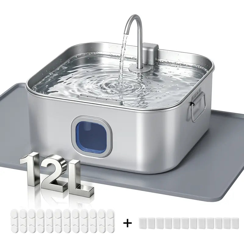 Sohochic 12L 304 SS Automatic Pet Water Fountain for Dogs & Cats, Large-Capacity Dispenser with LED Gauge, Quiet Pump, Multi-Pet Drinking Tray, Filter Set, with Filter Set