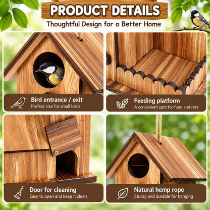 Large Wooden Birdhouse with 3 Nesting Chambers, Outdoor Hanging Bird House and Feeding Platform, Natural Wood Shelter for Small Wild Birds, Decorative Bird Home for Garden Backyard