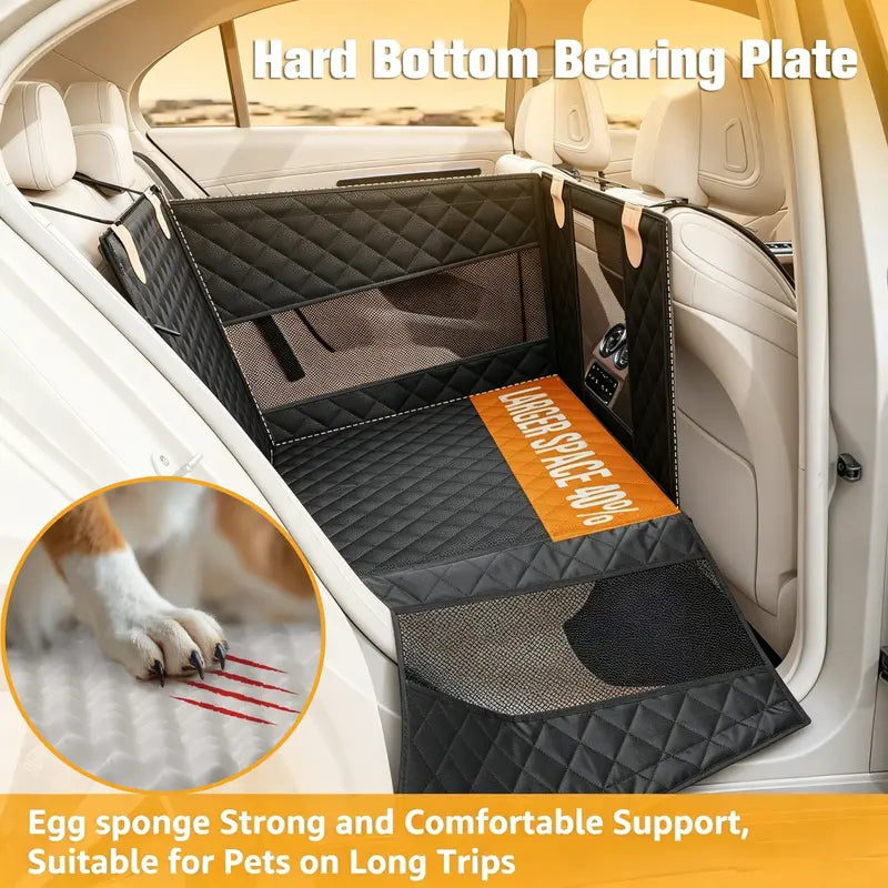 Large Dog Car Seat with 3 Mesh Windows - Waterproof, Stable, Ventilated, Quilted Pet Back Seat Extender with Hard Bottom, Practical Protection Cover for Cars, Trucks