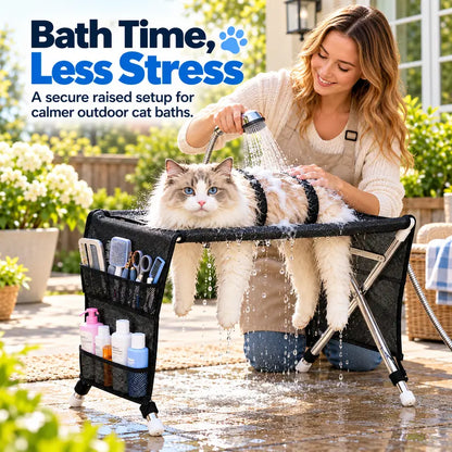 Portable Folding Pet Grooming Table with Safety Restraint Straps & Side Storage Pocket, Raised Dog Bathing Station for Small Dogs and Cats, Foldable Pet Grooming Stand for Home Bath & Brushing